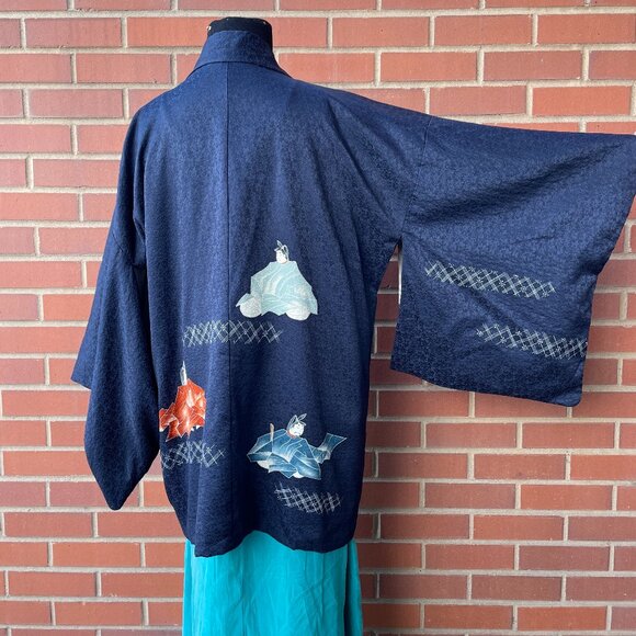 Vintage Japanese Navy Blue Silk Haori Leaf KimonoSize S-L